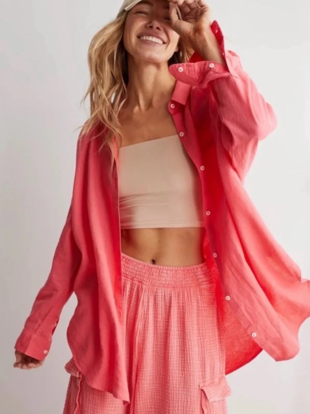 NWT Aerie Oversized Linen Blend Coverup Shirt - Spicy Coral - Size XS